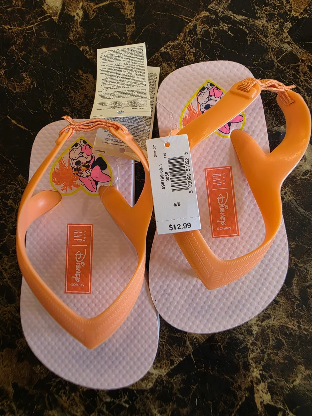 🔥 NWT Disney Minnie Mouse Pink & Orange Flip Flops (Size: 5/6)